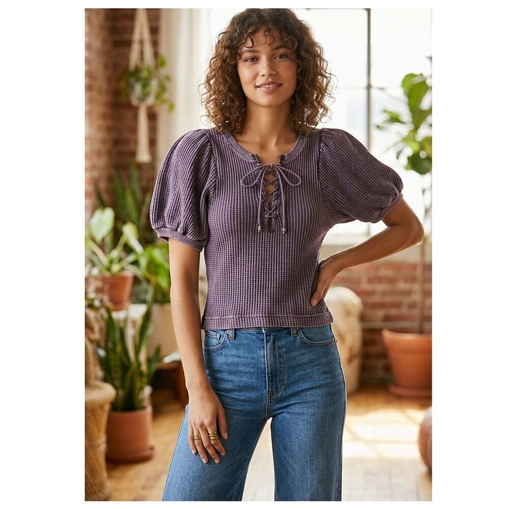 FP One Hayden Thermal Top Purple Mineral Wash Puff Sleeve Waffle Knit Boho Sm